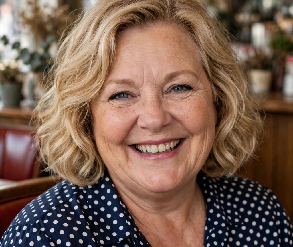 Wavy bob with subtle highlights on a plus size woman over 50