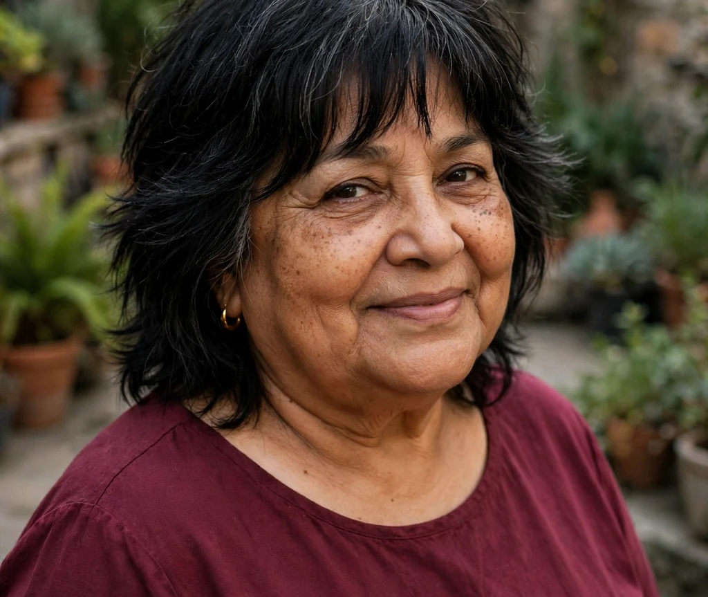 Modern shag with curtain fringe on a plus size woman over 50