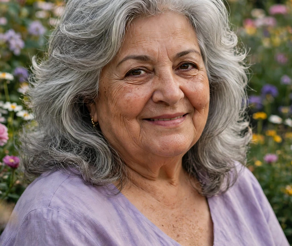 Voluminous blowout layers on a plus size woman over 50