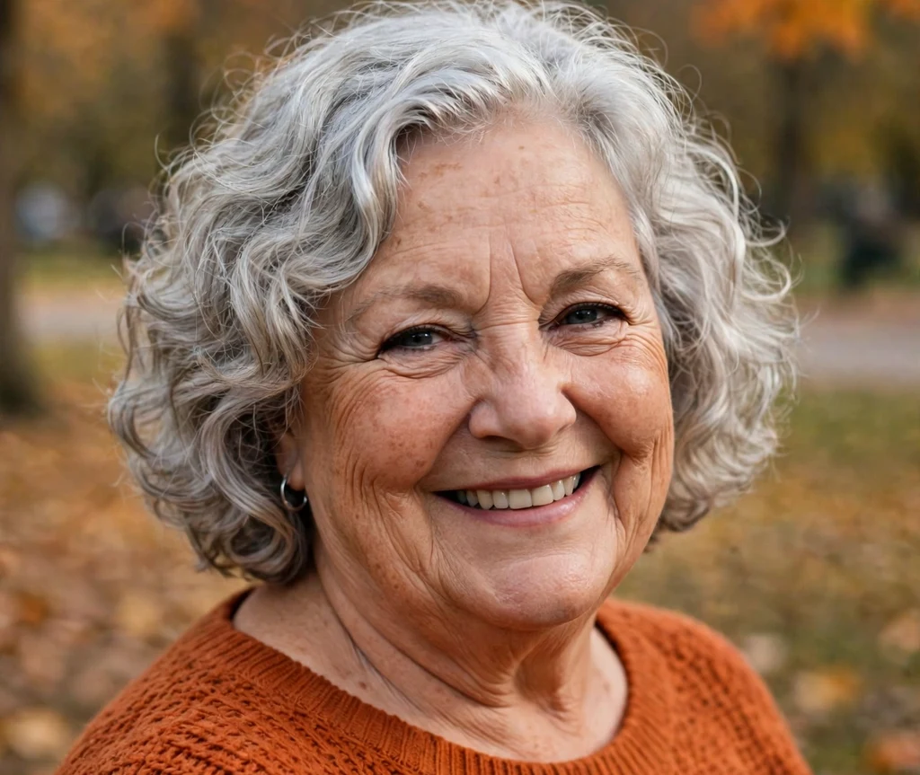 Chin-length curly bob on a plus size woman over 50