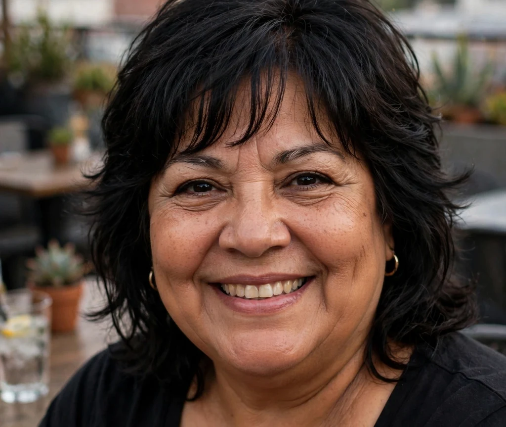 Soft layered shag with bangs on a plus size woman over 50