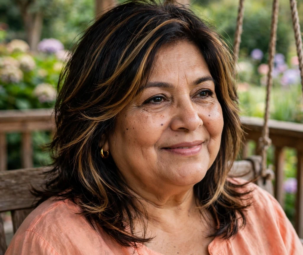 Layered cut with face-framing highlights on a plus size woman over 50