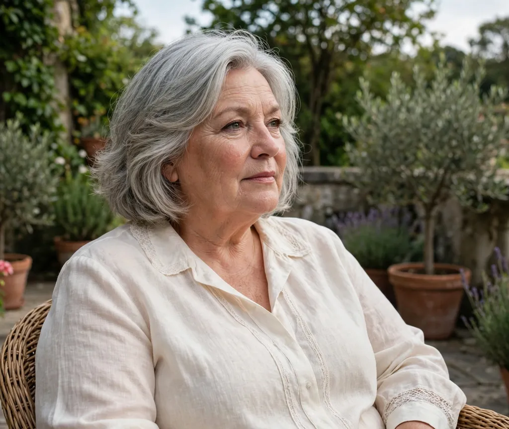 Plus size older woman with a soft layered silver bob hairstyle