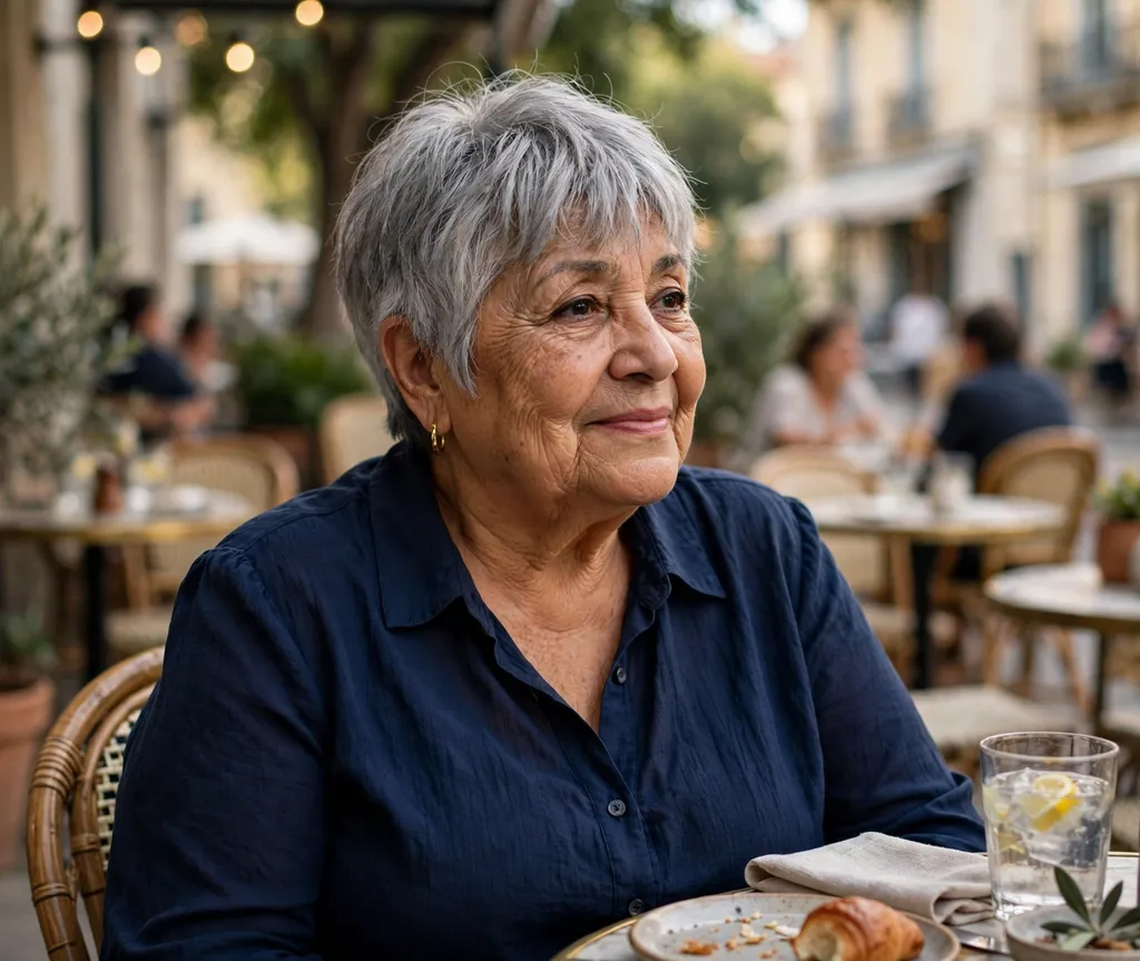 Plus size woman over 70 with a gray pixie and wispy bangs
