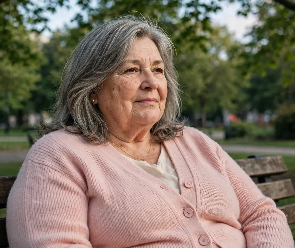 Plus size woman in her late 60s with shoulder-length layered gray hair