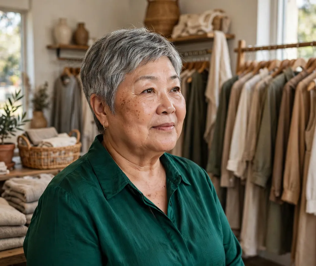 Plus size Asian woman over 60 with a short tapered gray haircut