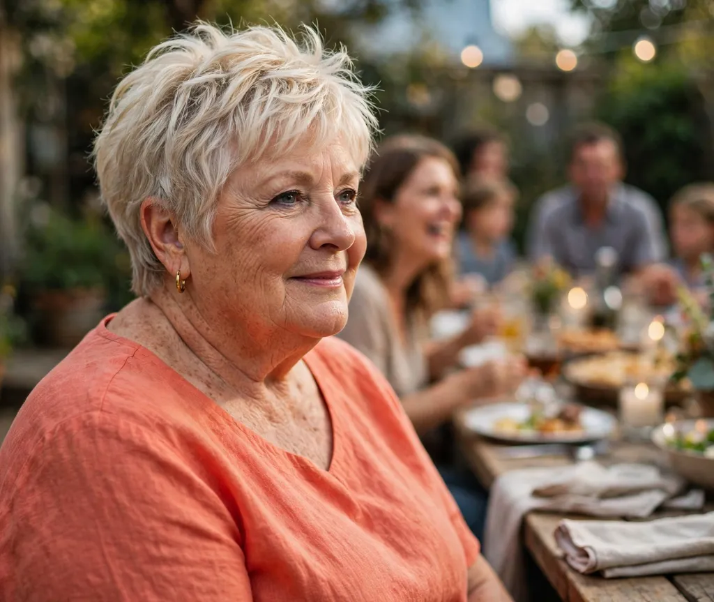 Plus size woman over 70 with a feathery blonde pixie