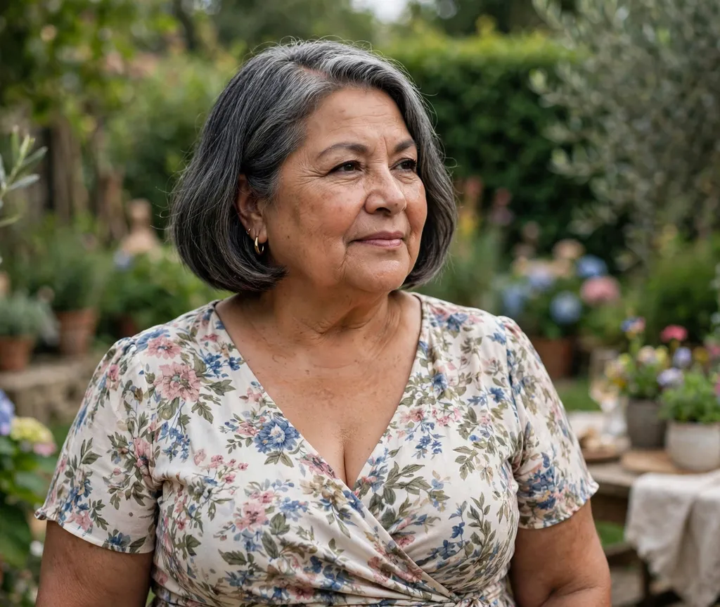 Plus size woman over 60 with a chin-length bob and side part