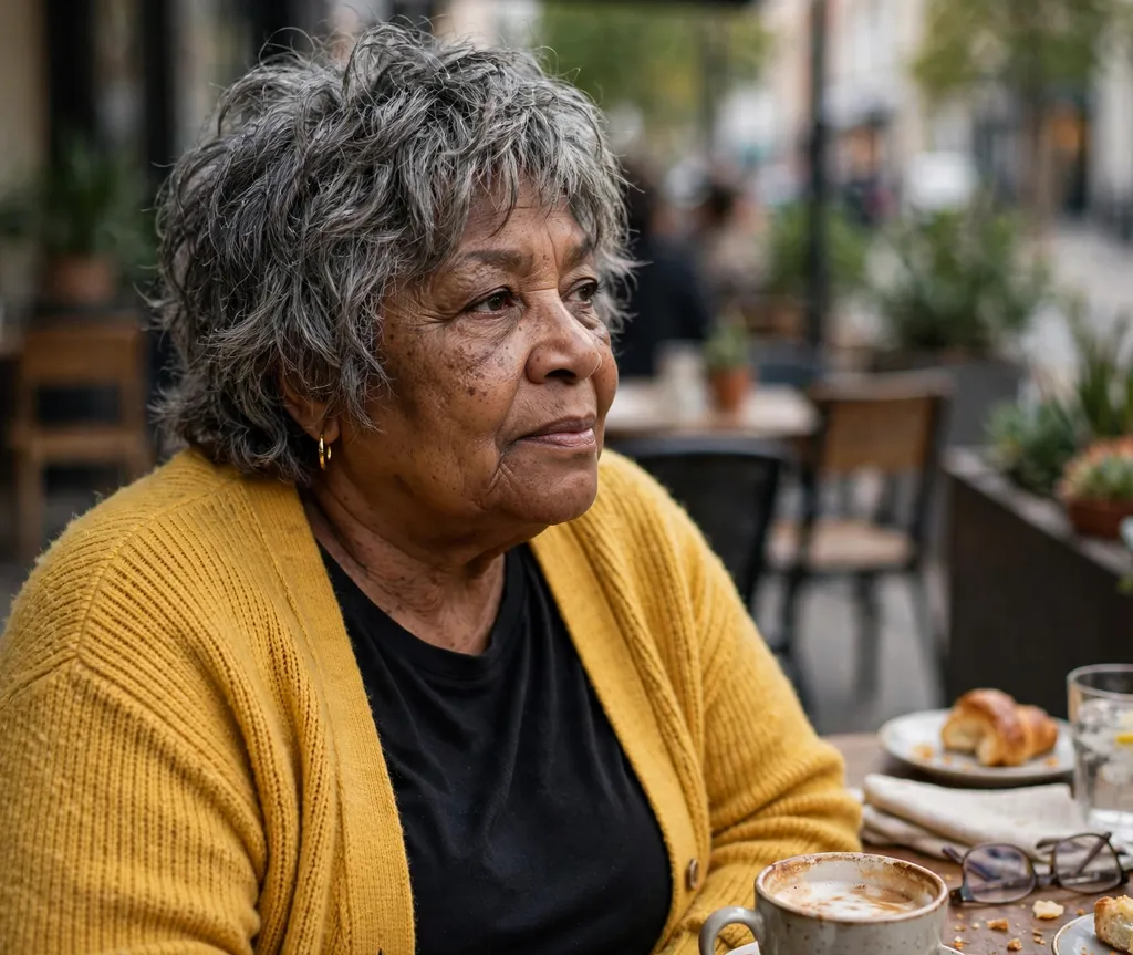 Plus size woman in her 70s with a salt-and-pepper shag