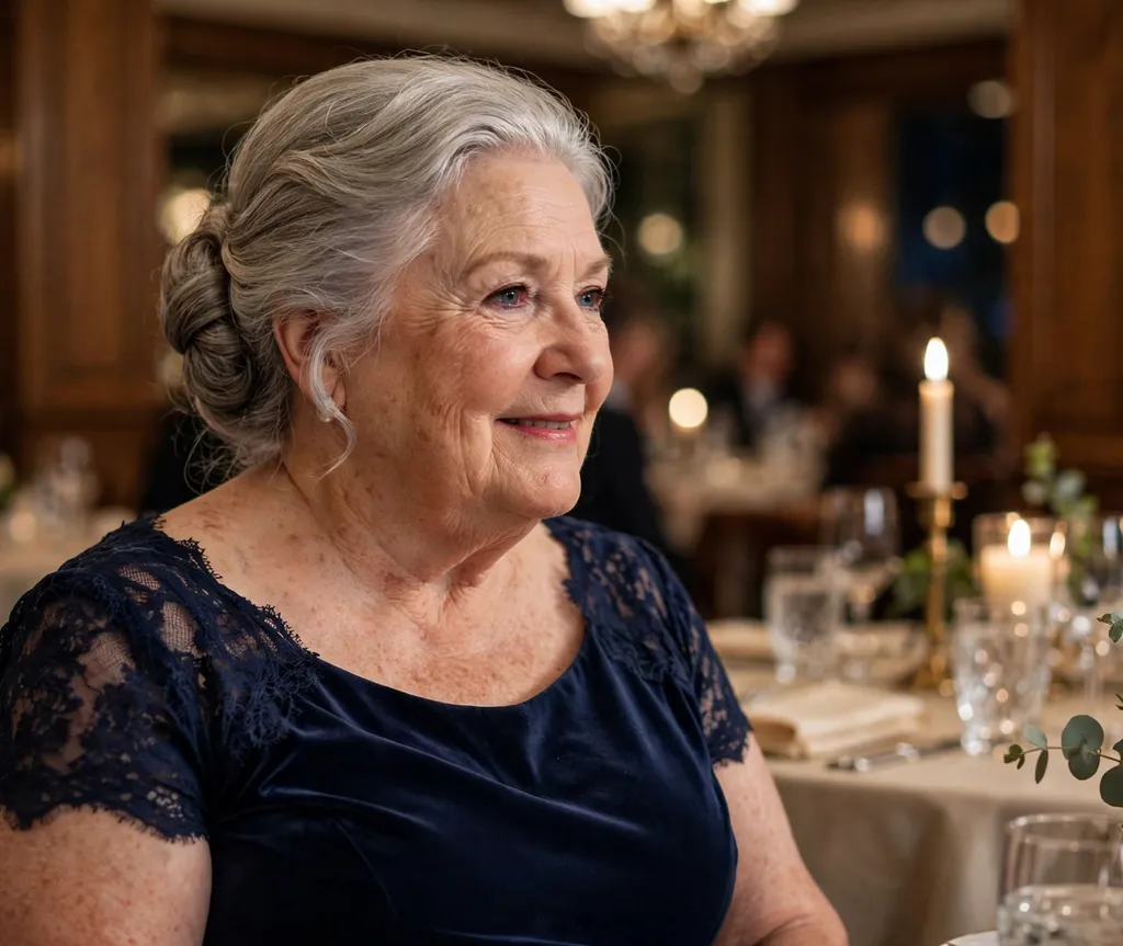 Plus size woman over 70 with an elegant silver chignon updo