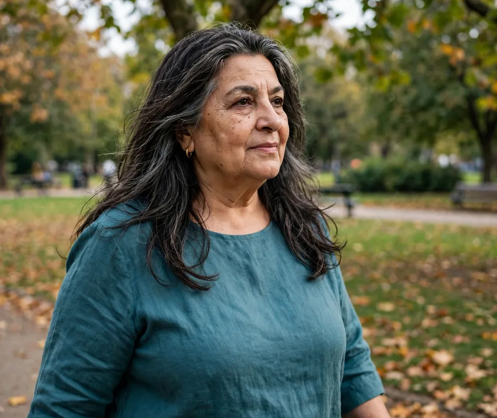 Plus size woman over 60 with long face-framing layers