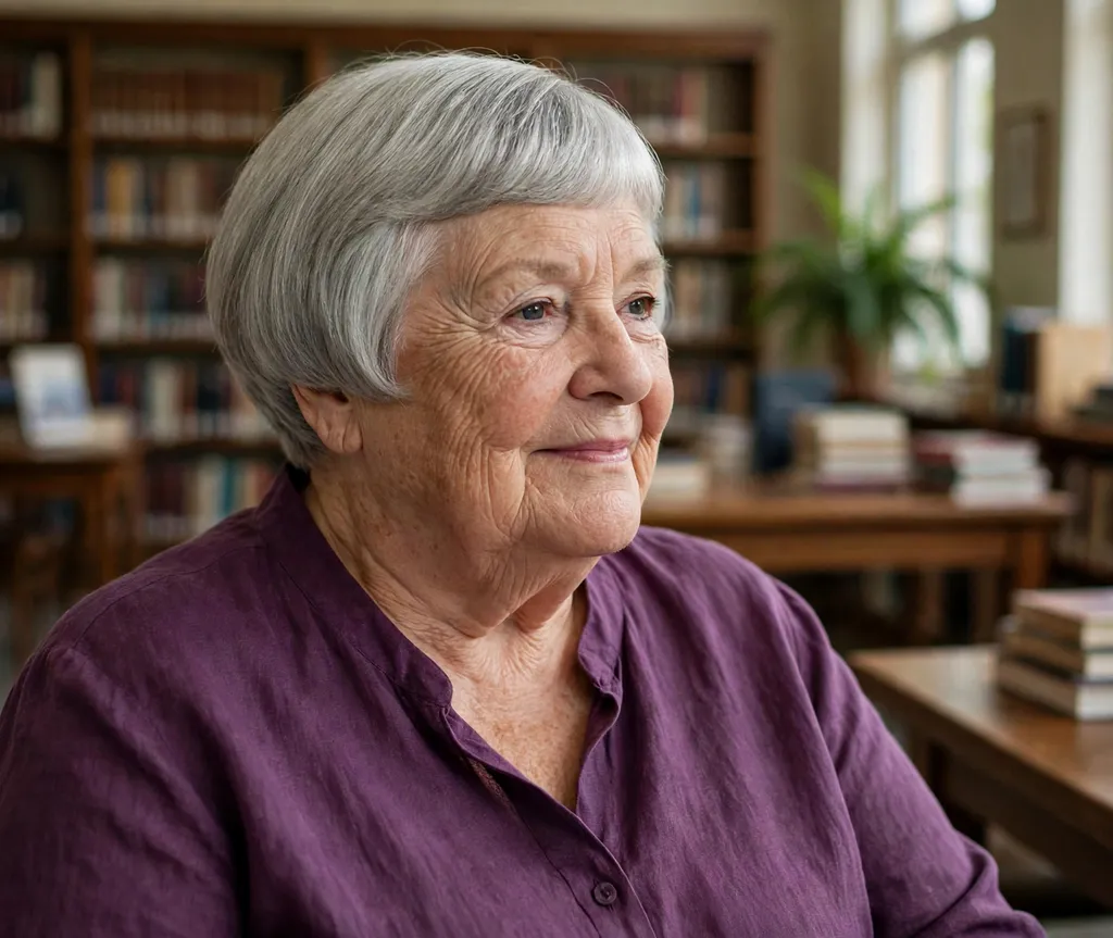 Plus size woman in her late 70s with a polished silver bowl cut