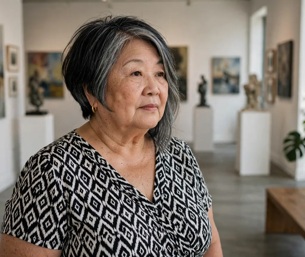 Plus size Asian woman over 70 with an asymmetrical gray bob