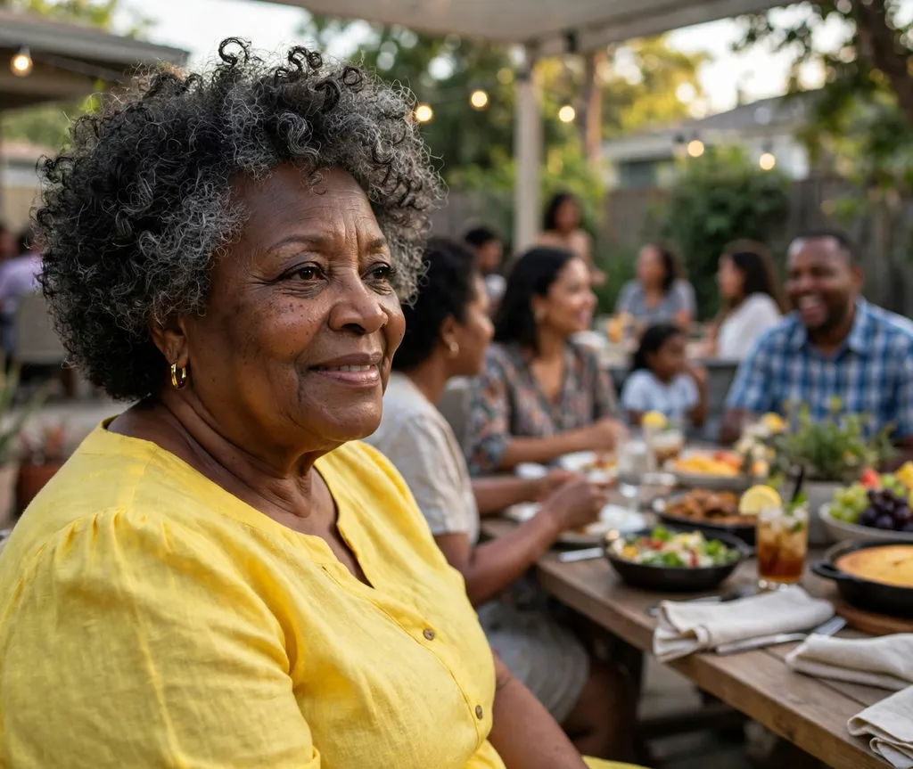 Plus size Black woman over 60 with a soft curly crop