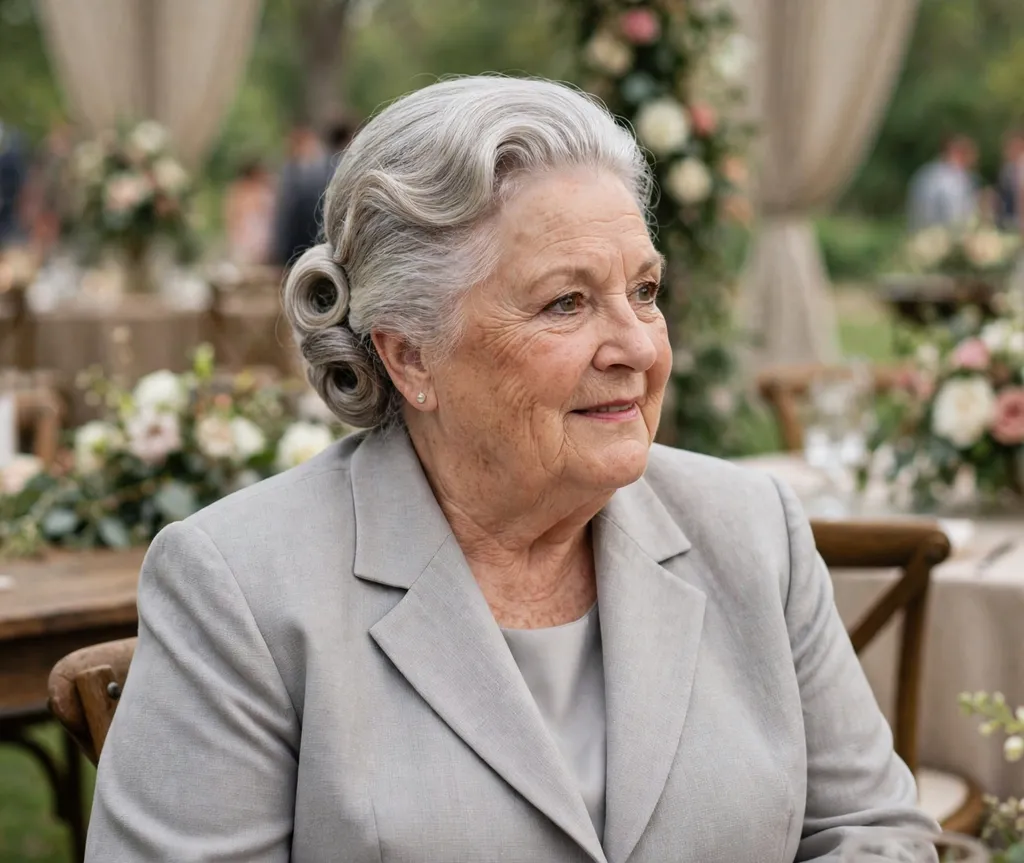 Plus size woman in her 70s with a classic silver French twist