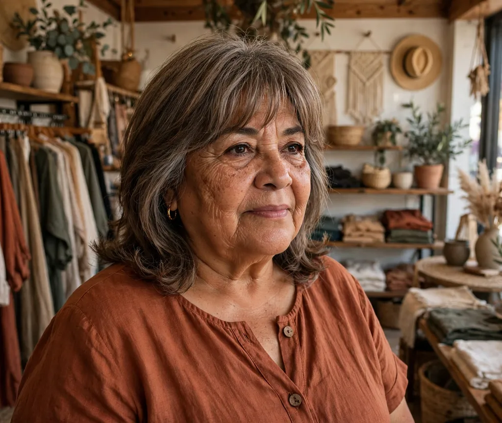 Plus size woman over 60 with a medium layered cut and curtain bangs