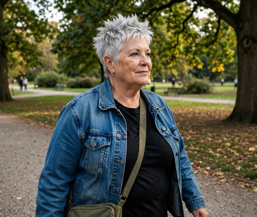 Plus size woman over 60 with a sassy spiky silver pixie