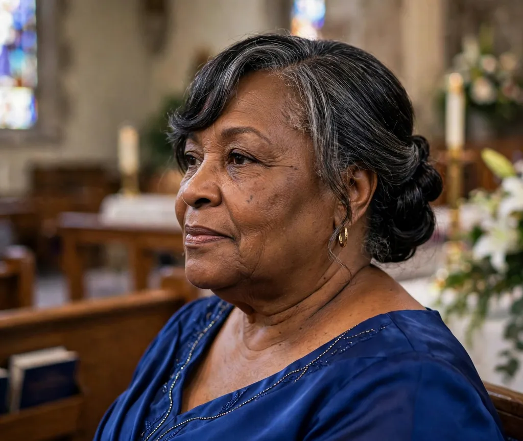 Plus size Black woman over 60 with an elegant low bun and side sweep