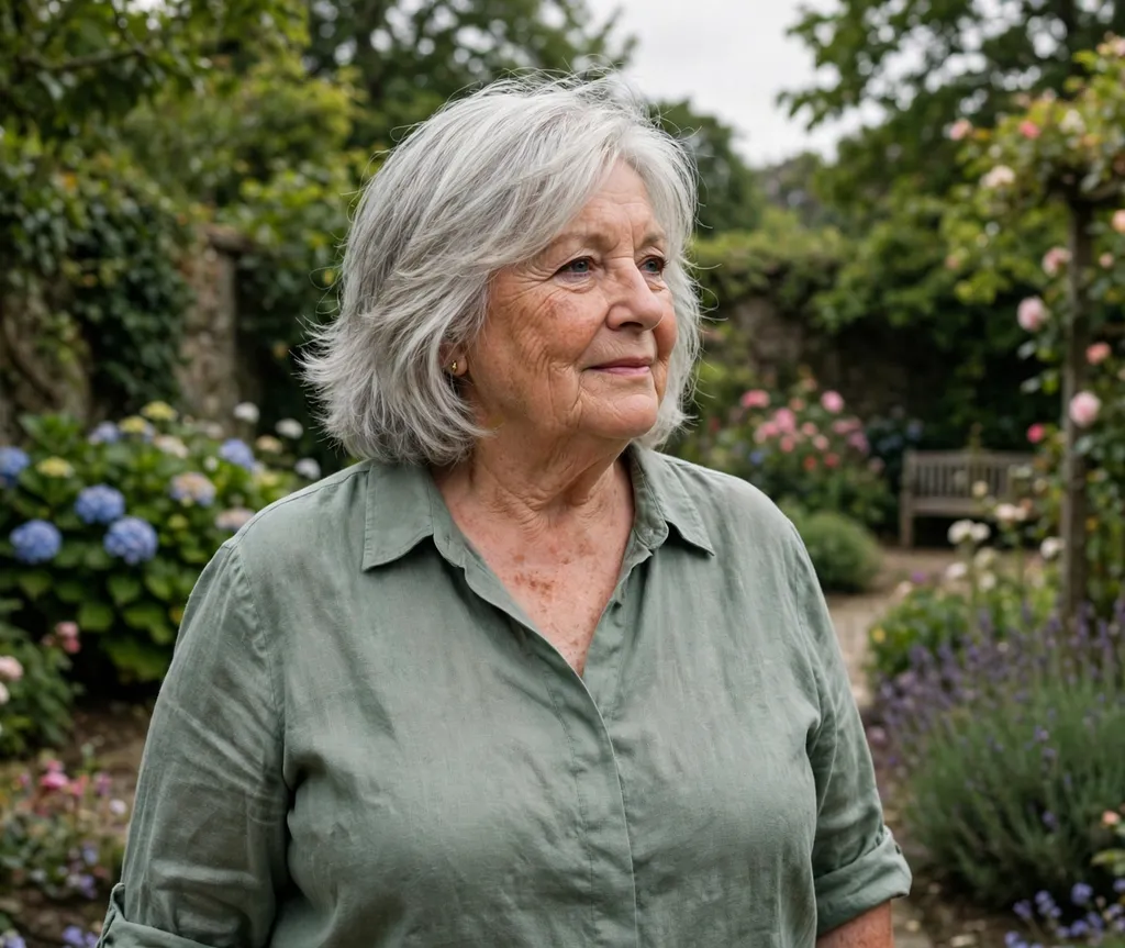 Plus size woman in her 70s with a feathered mid-length haircut