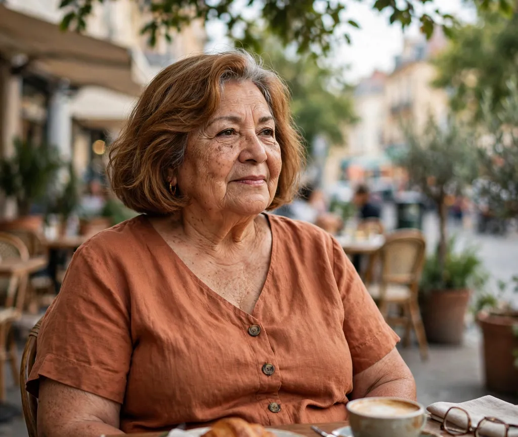 Plus size woman over 70 with a warm caramel-toned bob