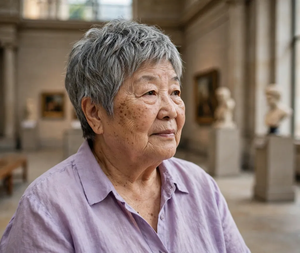 Plus size Asian woman in her 70s with a textured gray pixie-bob