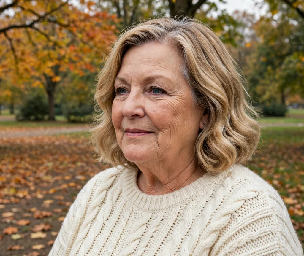 Plus size woman over 60 with a soft wavy lob with highlights