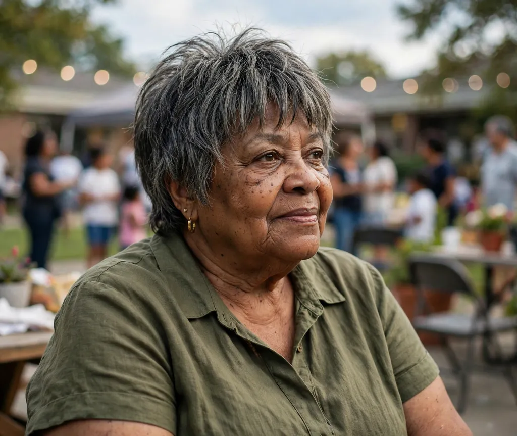 Plus size Black woman over 70 with a short shag and fringe