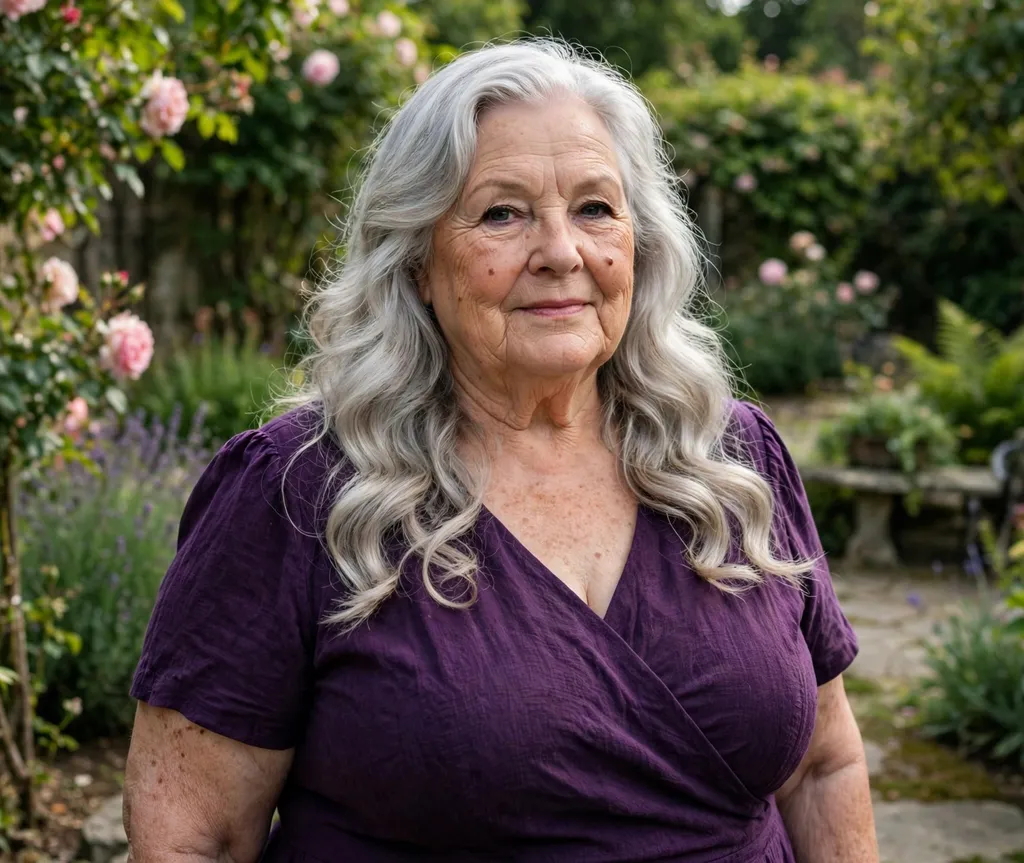 Plus size woman in her late 70s with long silver waves