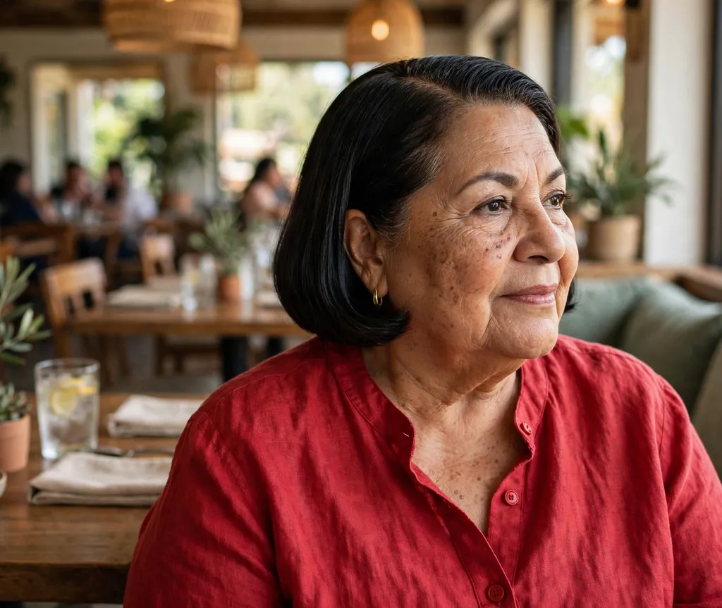 Plus size woman in her 70s with a sleek side-parted bob