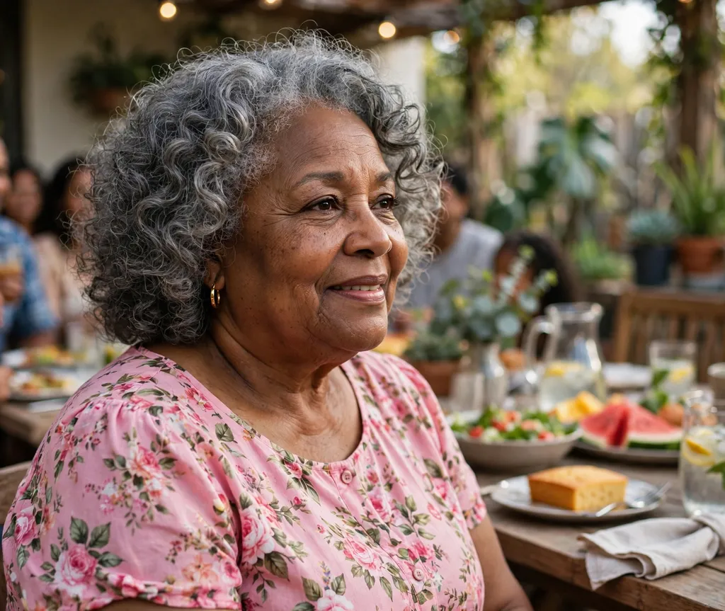 Plus size Black woman over 60 with soft permed curls