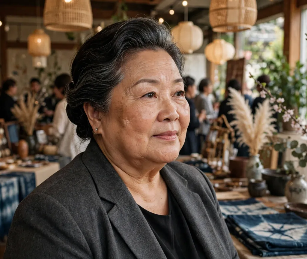 Plus size Asian woman over 60 with an elegant swept-back hairstyle