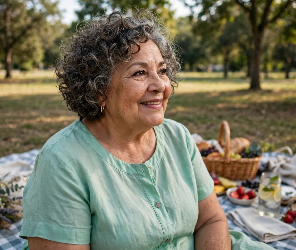 Plus size woman over 60 with a playful curly bob