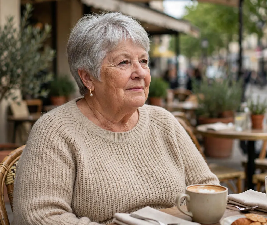 Plus size woman in her 70s with a timeless silver wedge haircut