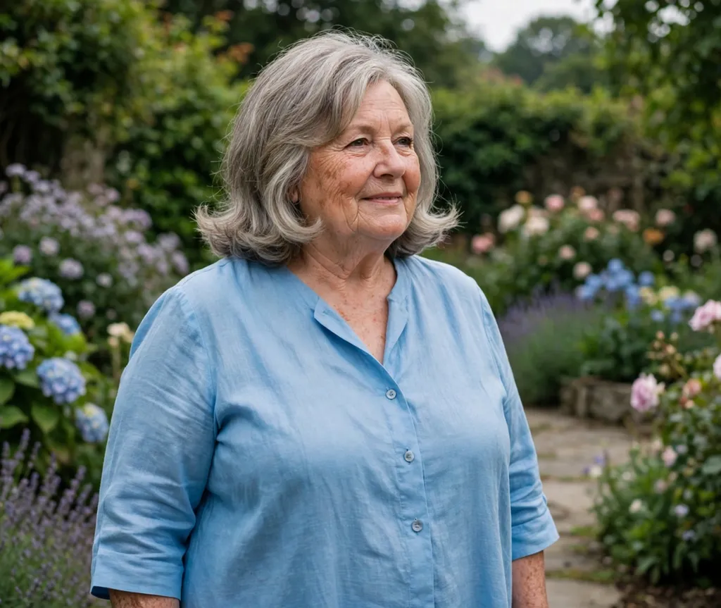 Plus size woman over 60 with medium layers and flipped ends