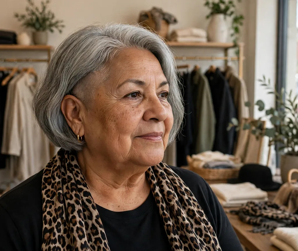 Plus size woman over 70 with a classy bob with undercut nape