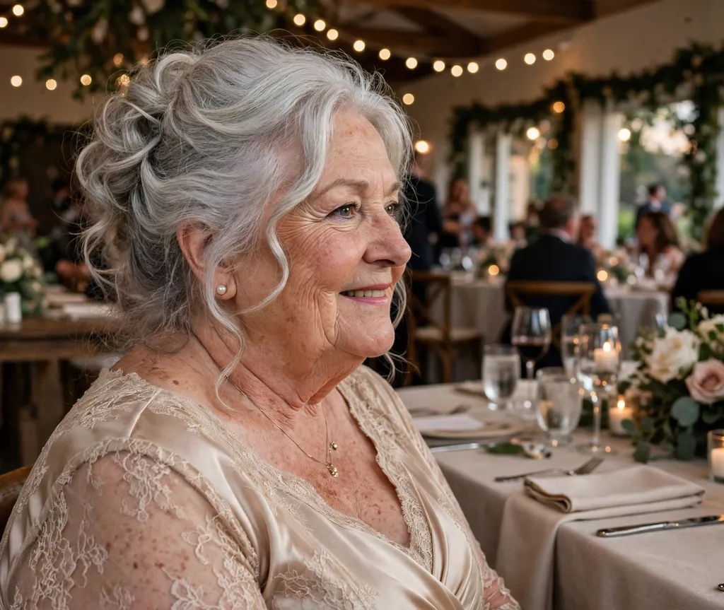 Plus size woman in her 70s with a romantic loose updo