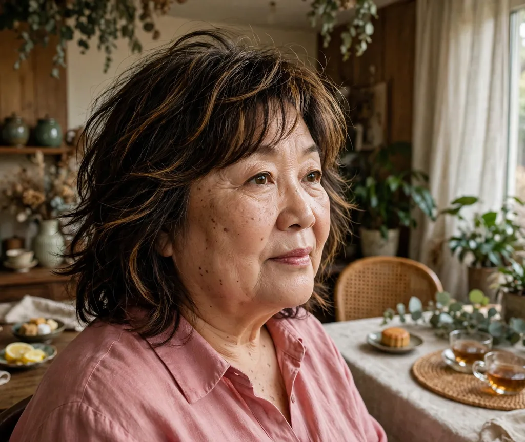 Plus size Asian woman over 60 with a wispy layered cut with highlights