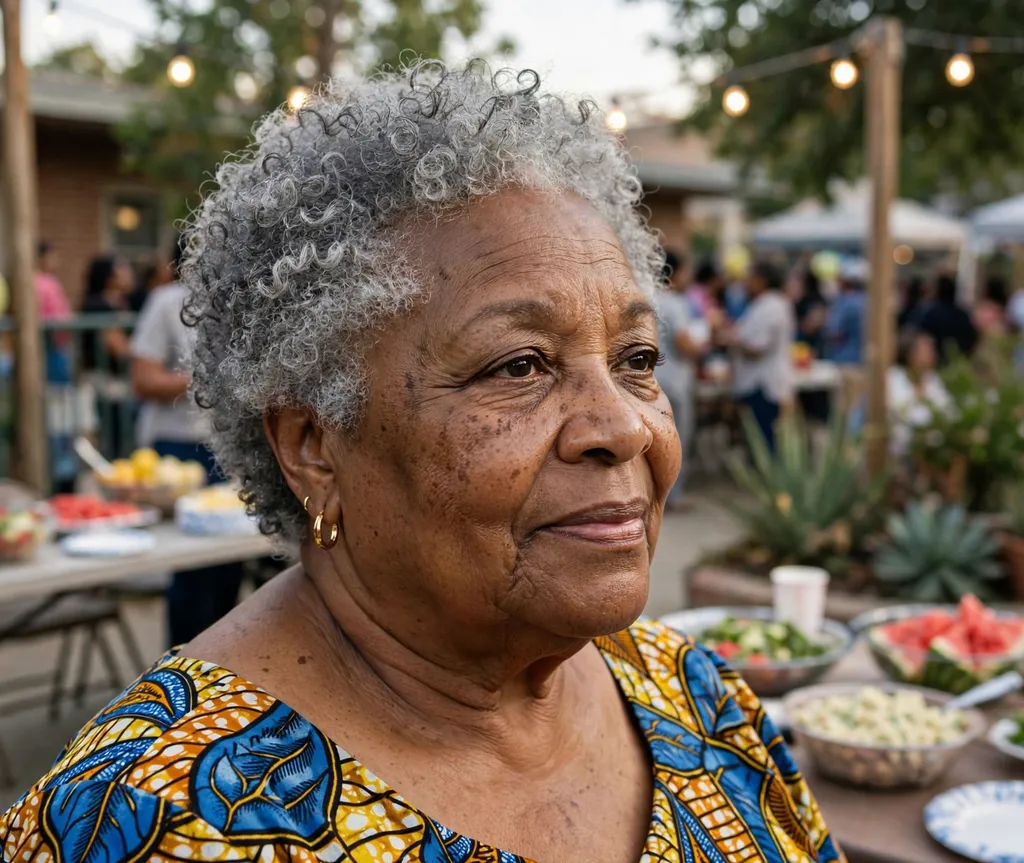 Plus size Black woman in her 70s with short natural gray curls