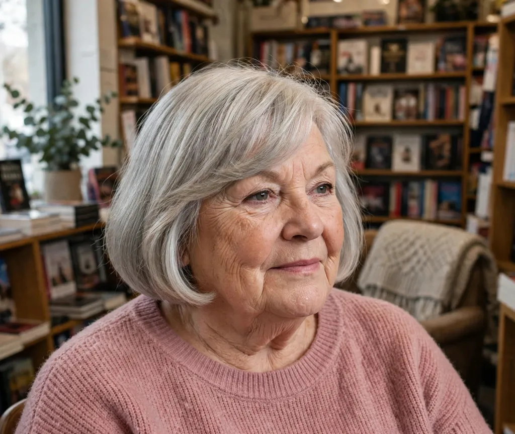 Plus size woman over 70 with a bob and soft side-swept bangs