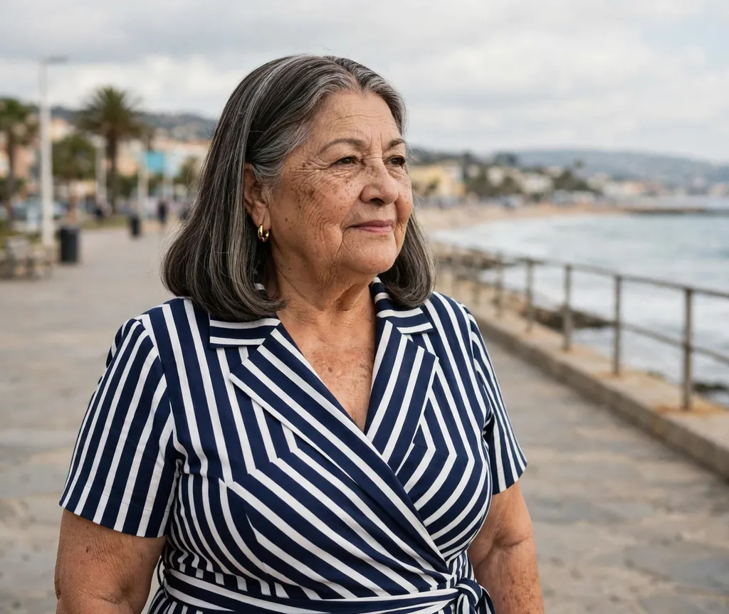 Plus size woman in her 70s with an elegant long bob and center part