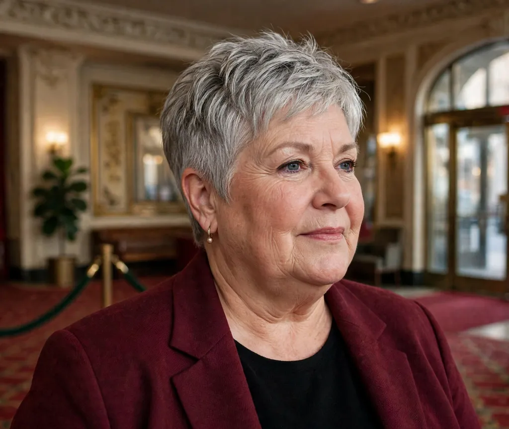 Plus size woman over 60 with a textured tapered silver pixie