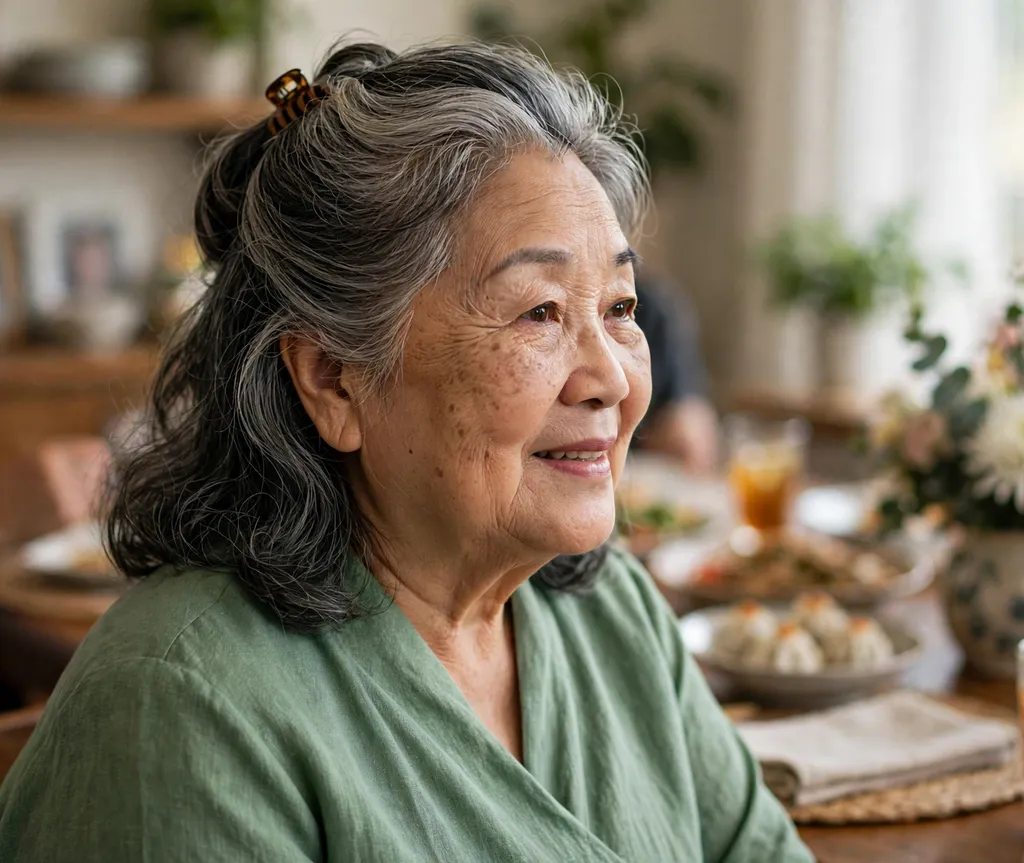 Plus size Asian woman over 70 with a graceful half-up hairstyle
