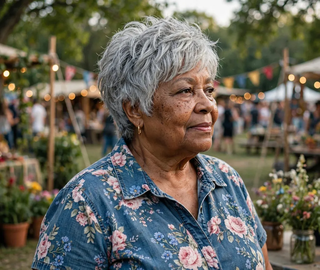Plus size Black woman over 70 with a modern textured silver shag