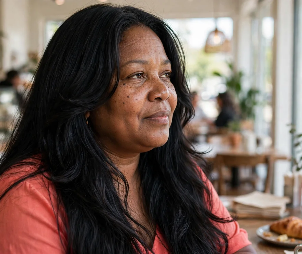 Long layered hair with soft face-framing pieces, Black woman in her early 40s with a round face, coral top, bright café