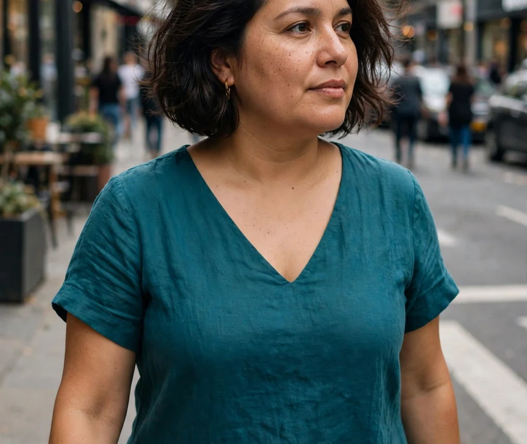 Deep side part lob with volume at the crown, Latina woman in her mid 30s with a round face, teal dress, city street