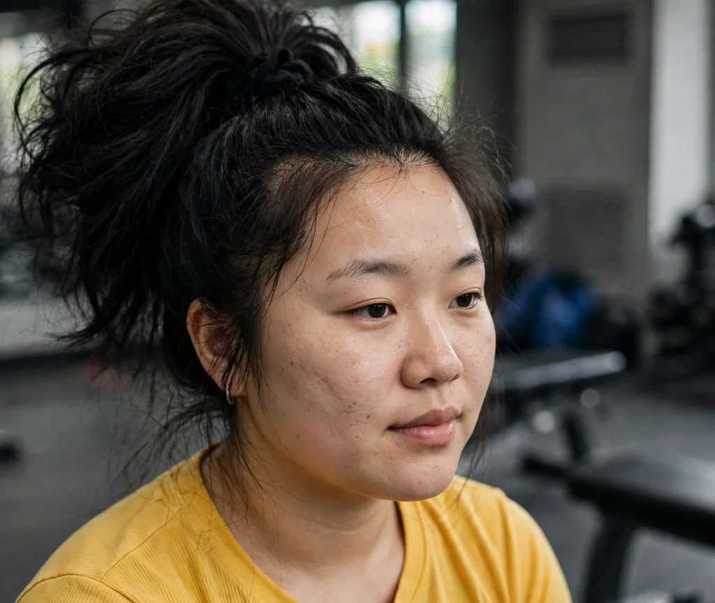 High voluminous ponytail that elongates a round face, young East Asian woman in her 20s, yellow top, gym