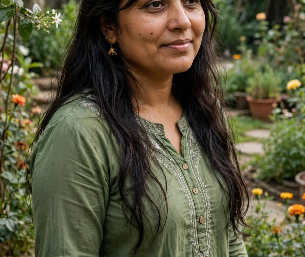 Long curtain bangs framing a round face, South Asian woman in her early 30s, green kurta, garden