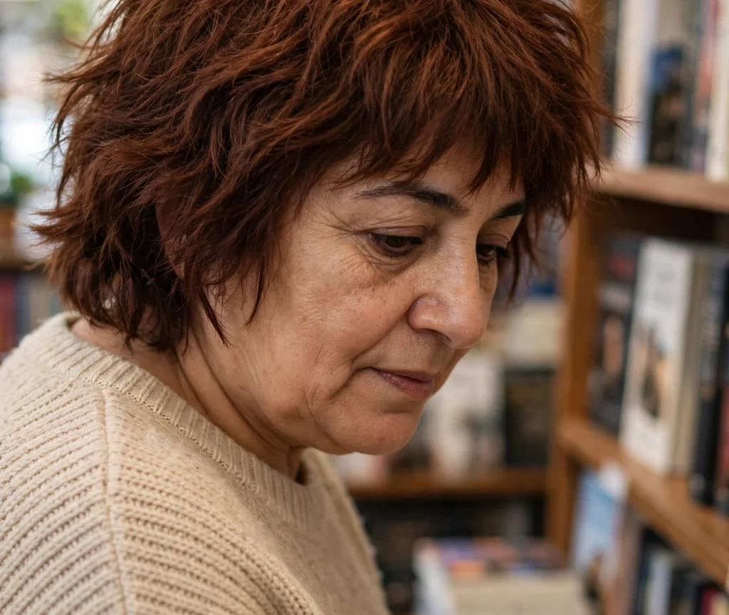 Textured shag with choppy layers on auburn hair, Middle Eastern woman in her mid 40s with a round face, beige sweater, bookstore