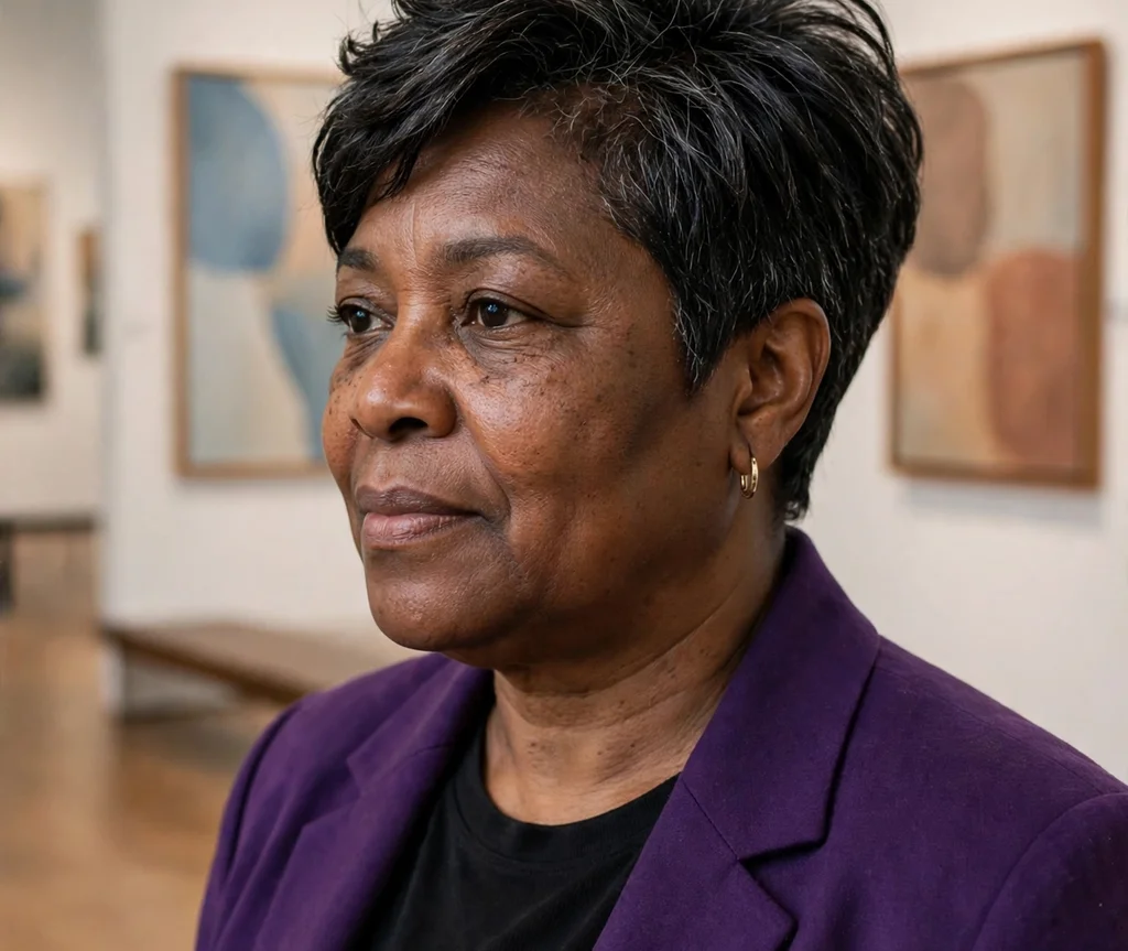 Side-swept pixie with lift at the crown, Black woman in her early 50s with a round face, purple blazer, art gallery