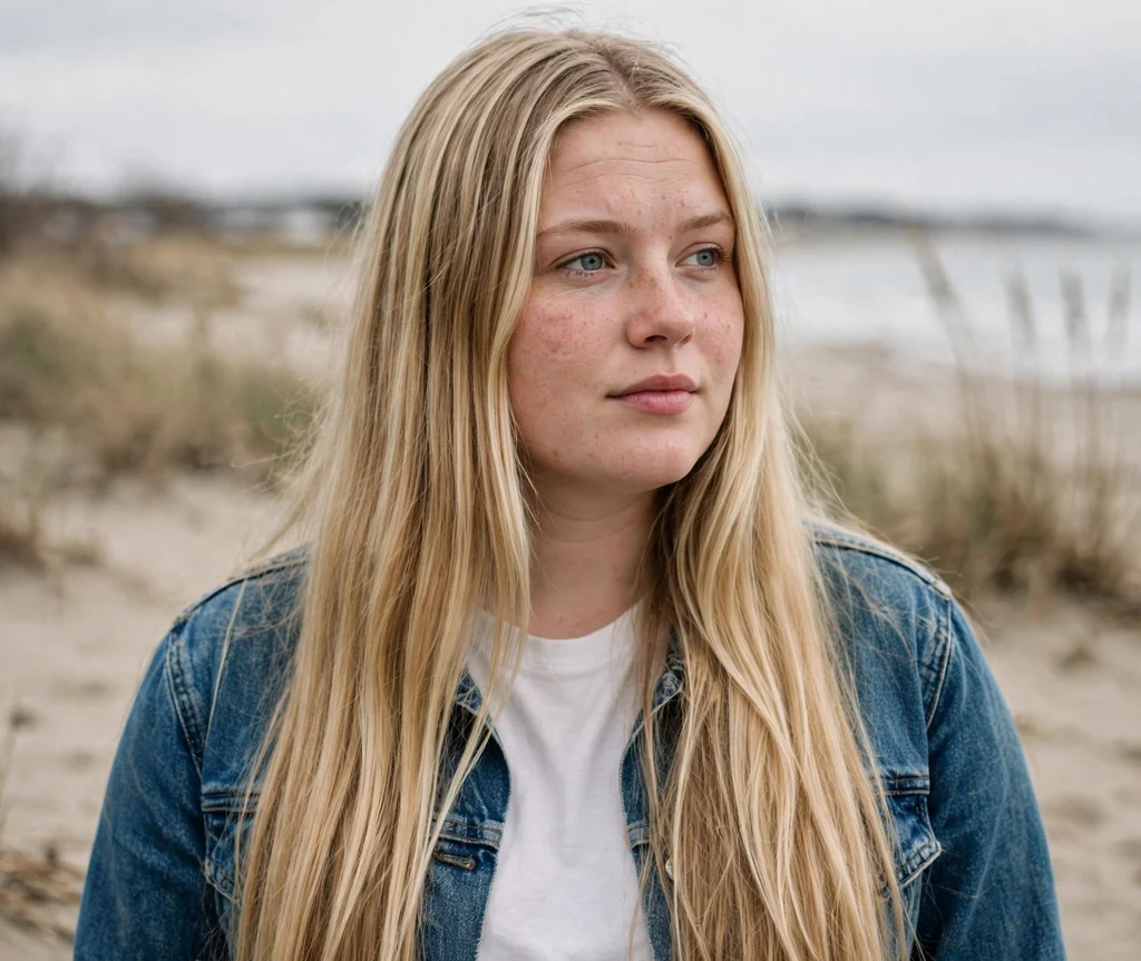 Long straight blonde hair with subtle center layers, young Caucasian woman in her 20s with a round face, denim jacket, beach